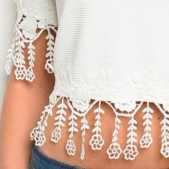 Ivory Lace Fringe Cold Shoulder Cut Out Crop Top High Neck Cute Top - Picture 3 of 4